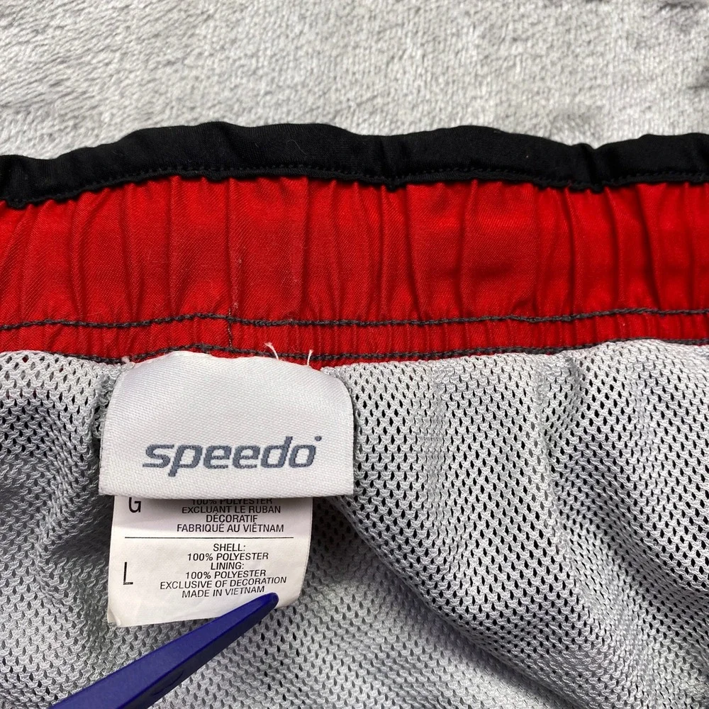 Speedo Mens Gray‎ Red White Stripe Swim Trunks Board Shorts Size L Tropical